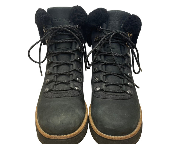 Cole Haan Women’s Black Leather Lace-Up Shearling-Lined Boots Size 8 B