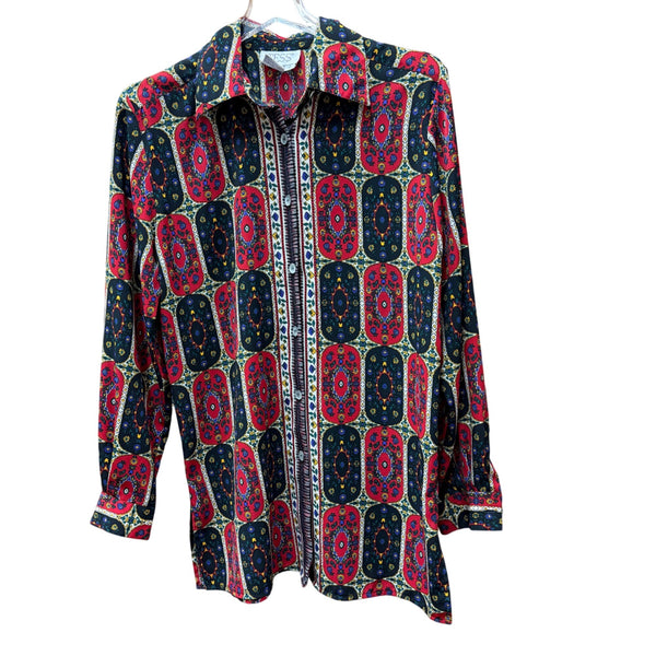 Tess Womens Multicolor Polyester Button-Up Shirt Size S Retro Geometric Print Vintage