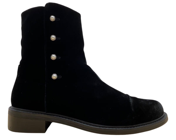 Stuart Weitzman Black Velvet Mid-Calf Boots Pearl Button Accents & Zipper Sz 11M