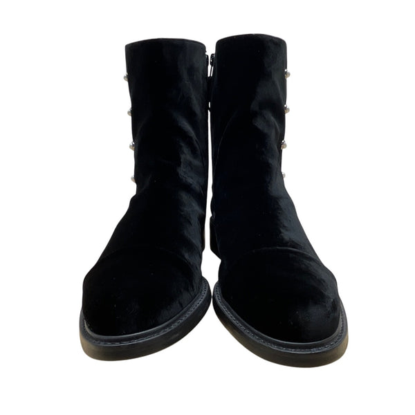 Stuart Weitzman Black Velvet Mid-Calf Boots Pearl Button Accents & Zipper Sz 11M