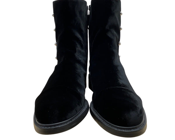 Stuart Weitzman Black Velvet Mid-Calf Boots Pearl Button Accents & Zipper Sz 11M