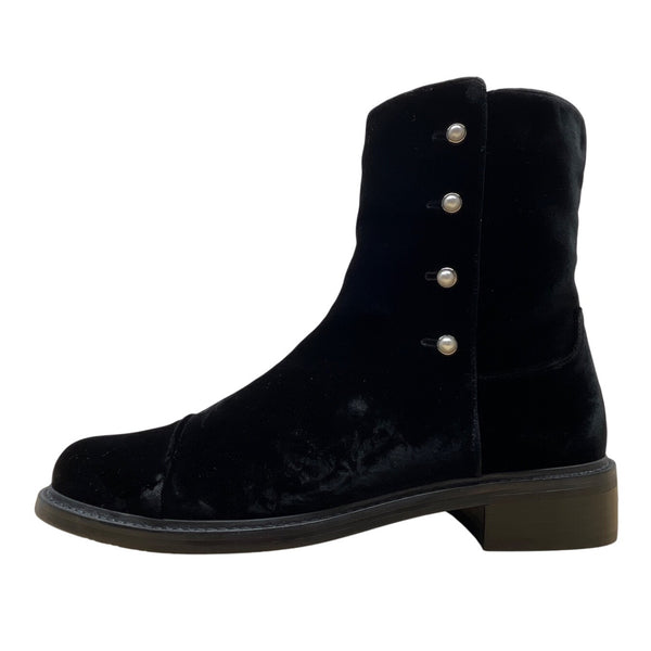 Stuart Weitzman Black Velvet Mid-Calf Boots Pearl Button Accents & Zipper Sz 11M