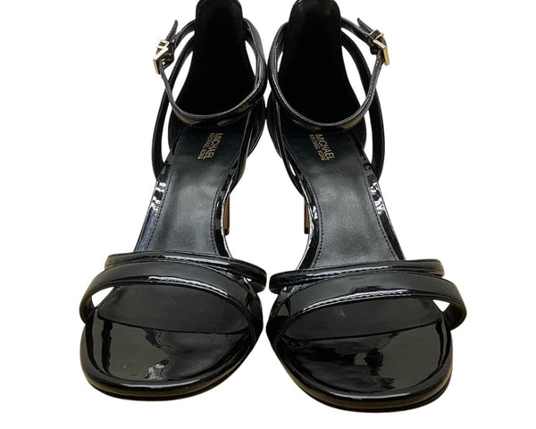 Michael Kors Black Patent Leather Mk Gold Detail Strappy Heeled Sandals Size 9M
