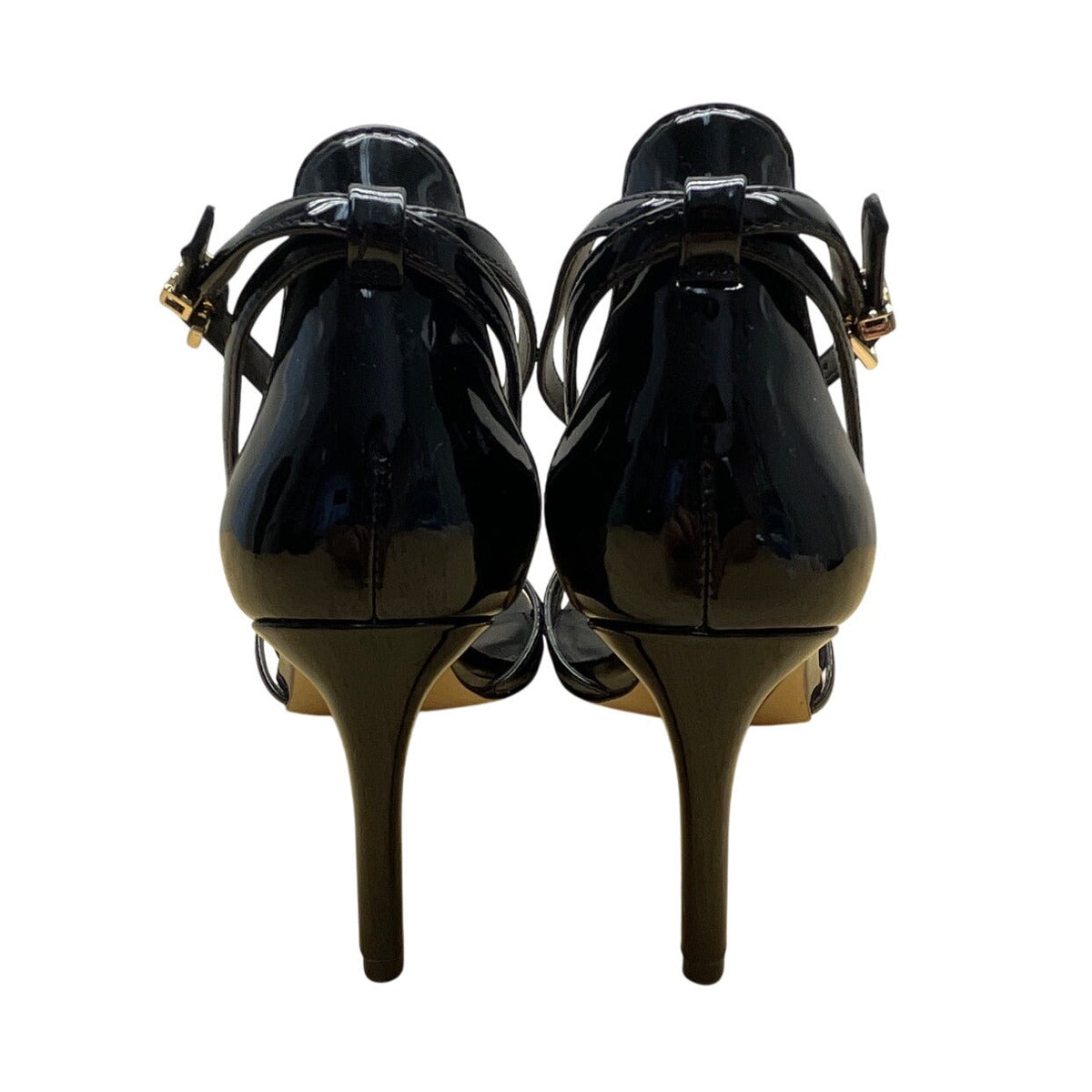 Michael Kors Black Patent Leather Mk Gold Detail Strappy Heeled Sandals Size 9M