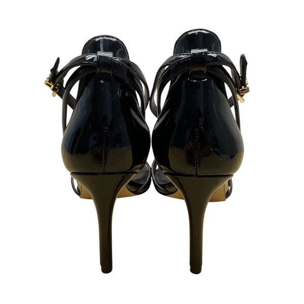 Michael Kors Black Patent Leather Mk Gold Detail Strappy Heeled Sandals Size 9M