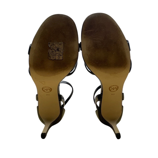 Michael Kors Black Patent Leather Mk Gold Detail Strappy Heeled Sandals Size 9M