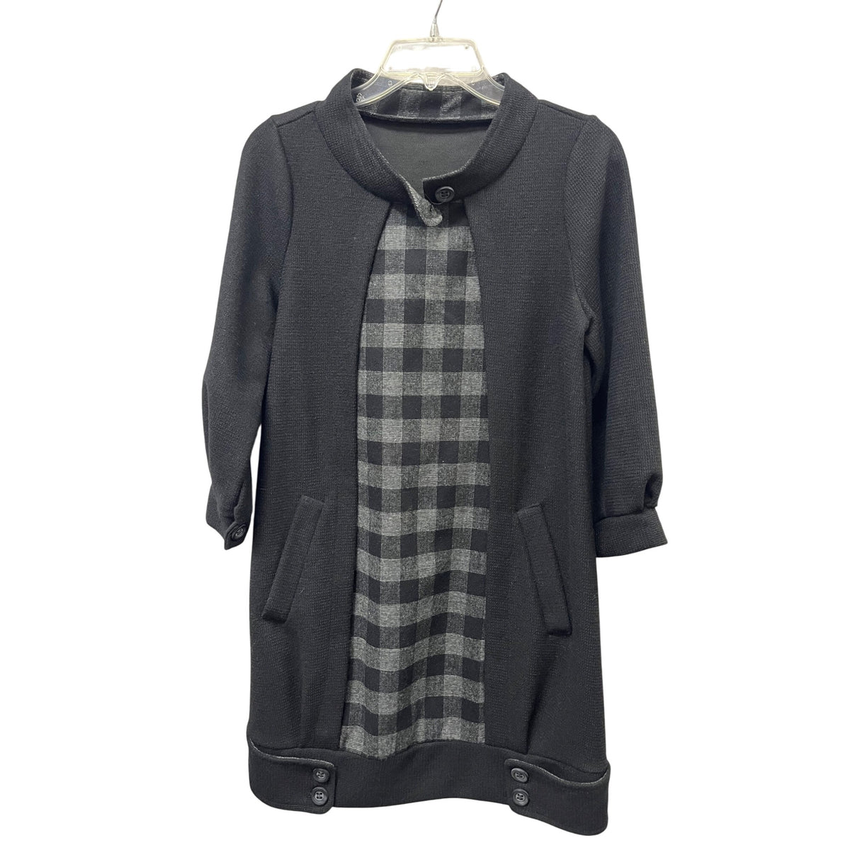 Black & Gray Womens Checkered Accent Long Sleeve Cardigan Style Coat Dress OS