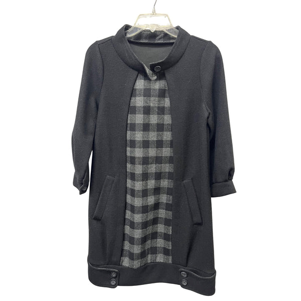 Black & Gray Womens Checkered Accent Long Sleeve Cardigan Style Coat Dress OS