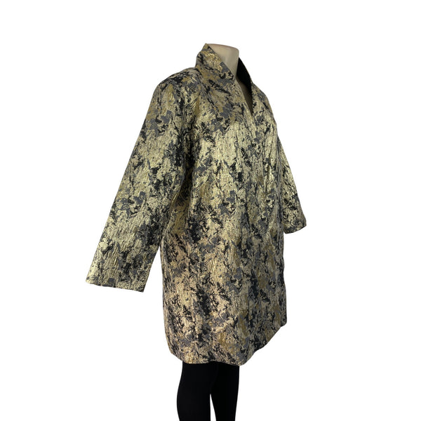 Natori Women's Gold & Black Metallic Brocade Open Front Long Sleeve Coat Sz M