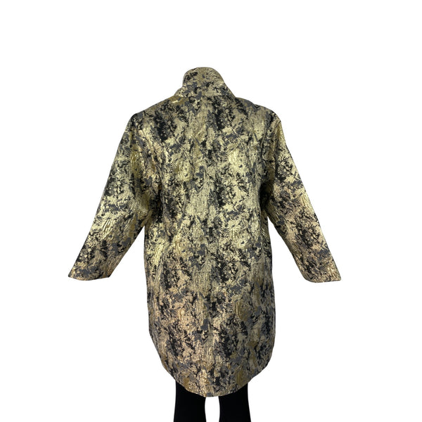 Natori Women's Gold & Black Metallic Brocade Open Front Long Sleeve Coat Sz M