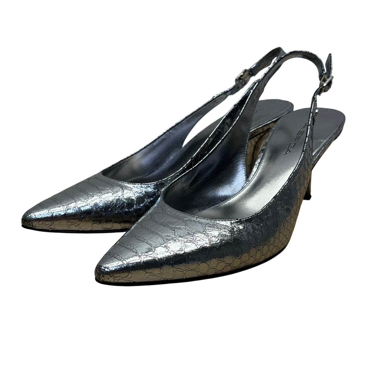 Via Spiga Women’s Metallic Silver Snake Print Slingback V Glades Heels Size 8M