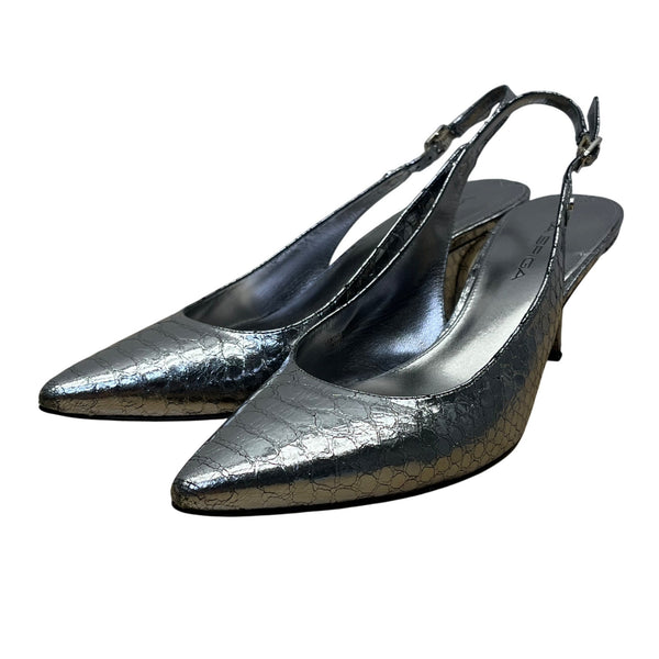 Via Spiga Women’s Metallic Silver Snake Print Slingback V Glades Heels Size 8M