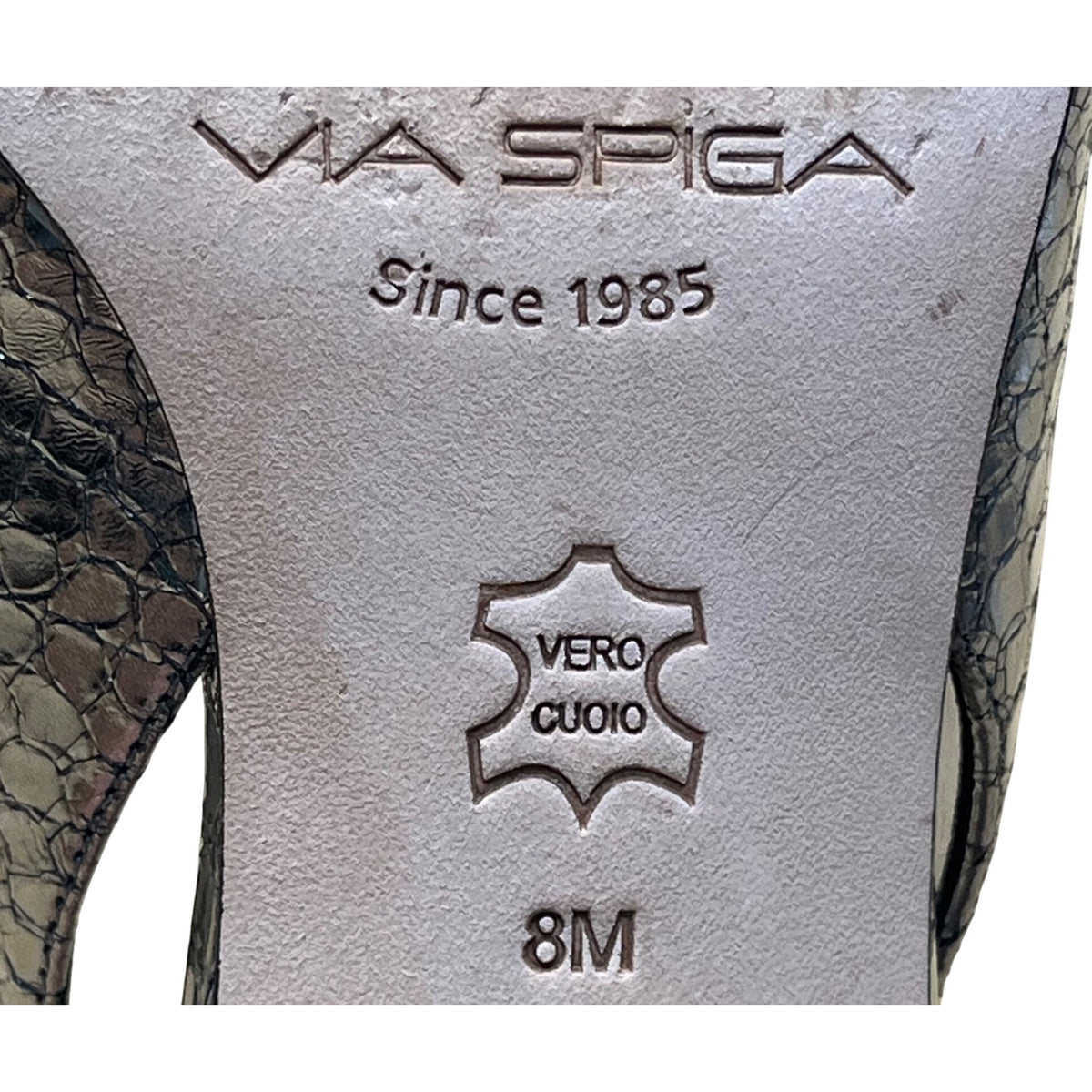 Via Spiga Women’s Metallic Silver Snake Print Slingback V Glades Heels Size 8M