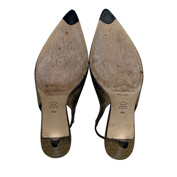 Via Spiga Women’s Metallic Silver Snake Print Slingback V Glades Heels Size 8M