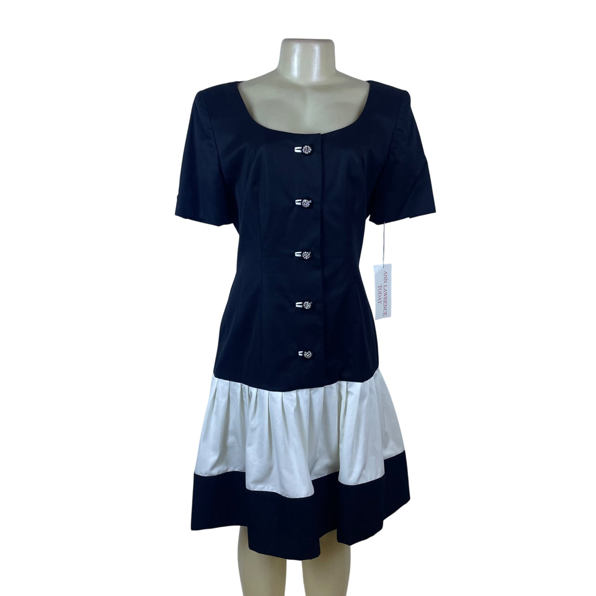 Ann Lawrence Today Black & White Short Sleeve Button Front Dress Sz 12 - New