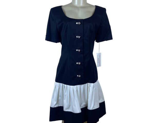 Ann Lawrence Today Black & White Short Sleeve Button Front Dress Sz 12 - New