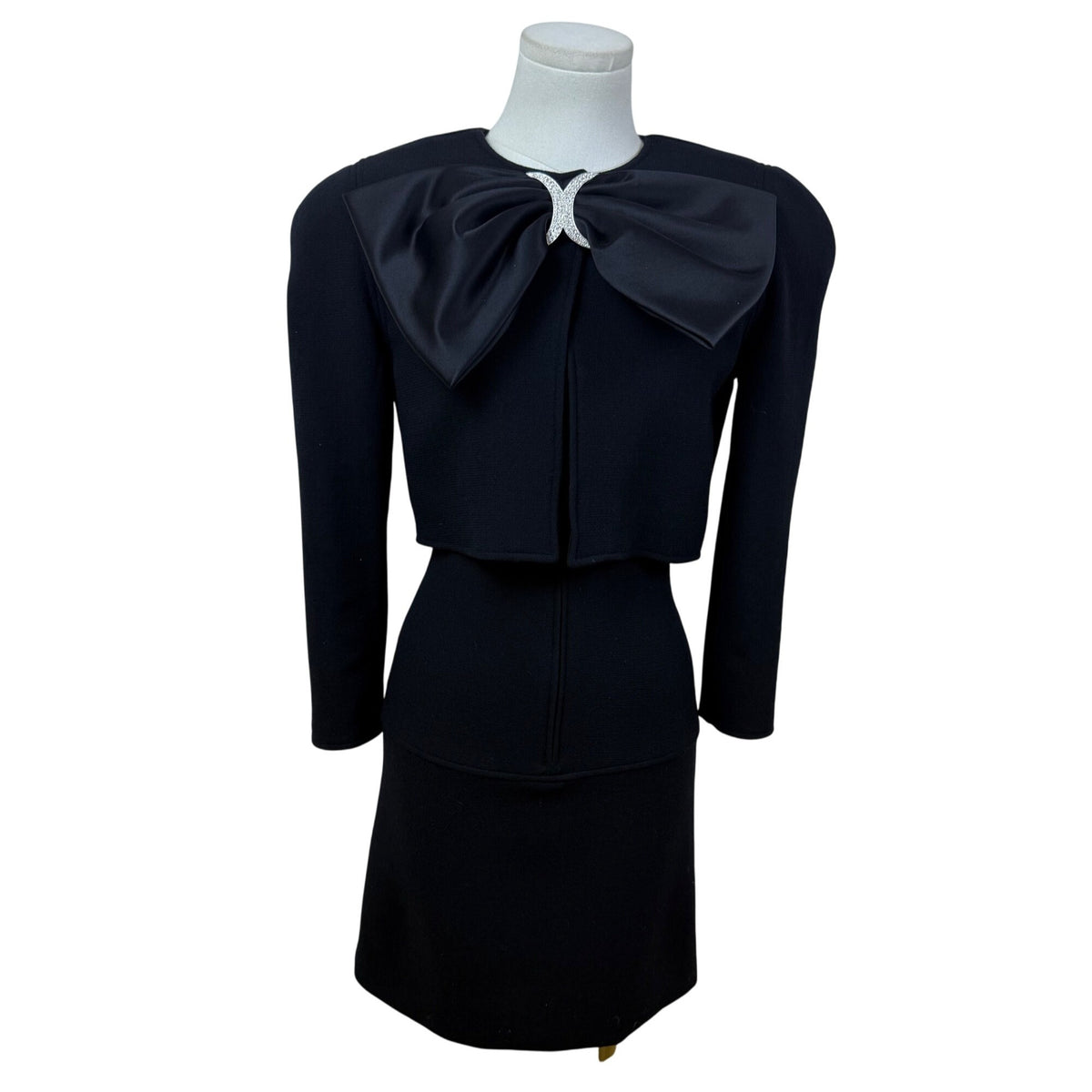 Vintage Oscar De La Renta  Black Satin Bow Long Sleeve Cocktail Dress Size 4