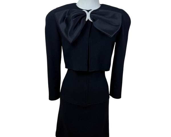 Vintage Oscar De La Renta  Black Satin Bow Long Sleeve Cocktail Dress Size 4