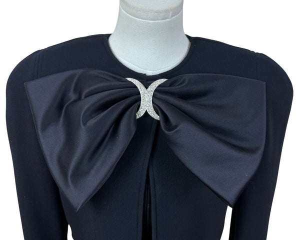 Vintage Oscar De La Renta  Black Satin Bow Long Sleeve Cocktail Dress Size 4