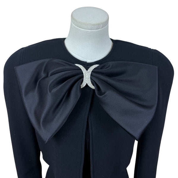 Vintage Oscar De La Renta  Black Satin Bow Long Sleeve Cocktail Dress Size 4