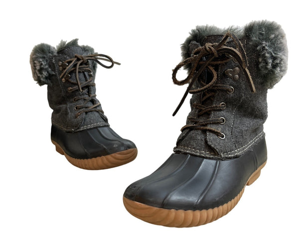 Report Gray Faux Fur Trimmed Tweed Rubber Duck Winter Boots Sz 7.5