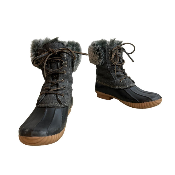 Report Gray Faux Fur Trimmed Tweed Rubber Duck Winter Boots Sz 7.5