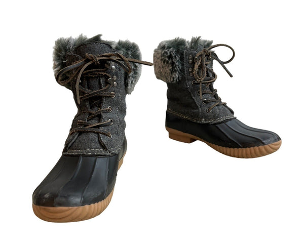 Report Gray Faux Fur Trimmed Tweed Rubber Duck Winter Boots Sz 7.5