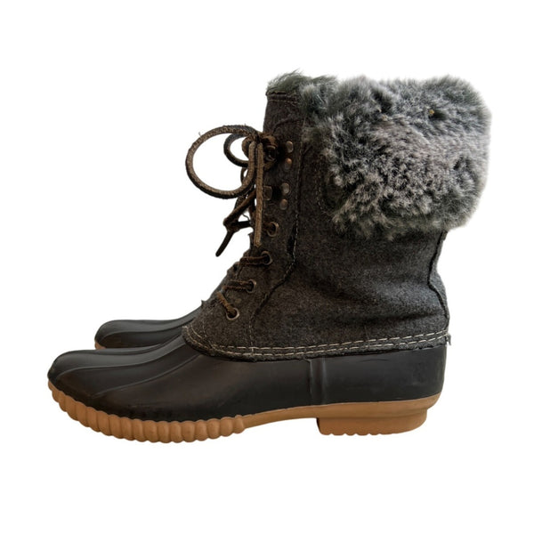 Report Gray Faux Fur Trimmed Tweed Rubber Duck Winter Boots Sz 7.5