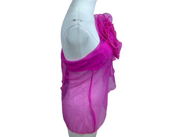Fashion Nova Womens Hot Pink Floral Rose Sheer Asymmetrical Top Size S - New
