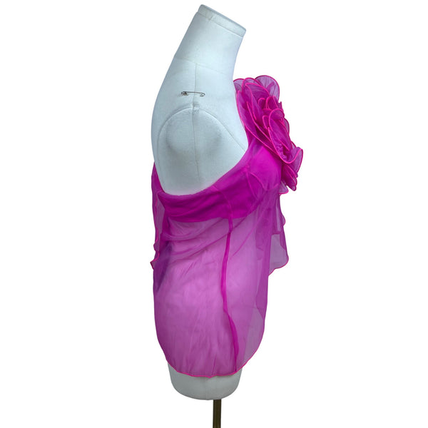Fashion Nova Womens Hot Pink Floral Rose Sheer Asymmetrical Top Size S - New