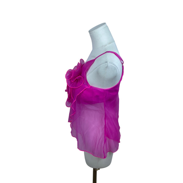 Fashion Nova Womens Hot Pink Floral Rose Sheer Asymmetrical Top Size S - New