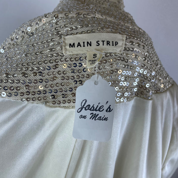 Main Strip Womens Gold Tone Sequined Open Front Cardigan Jacket Sz S - New