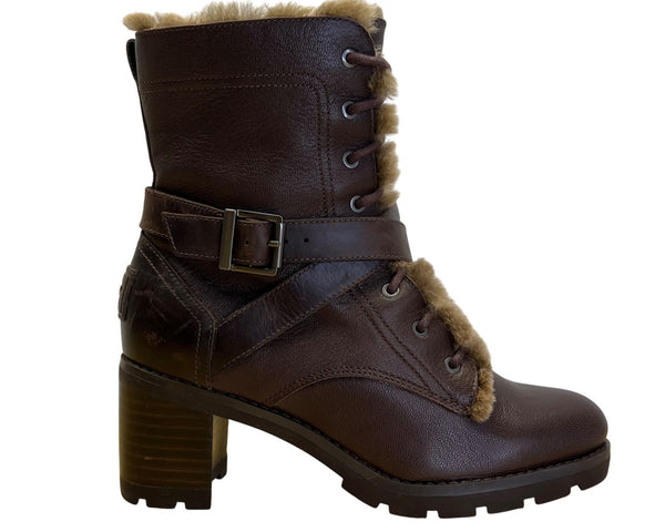 UGG Ingrid Women’s Brown Leather & Real Fur Lining Side Zipper Heeled Boots Sz 7