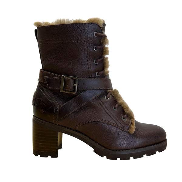 UGG Ingrid Women’s Brown Leather & Real Fur Lining Side Zipper Heeled Boots Sz 7