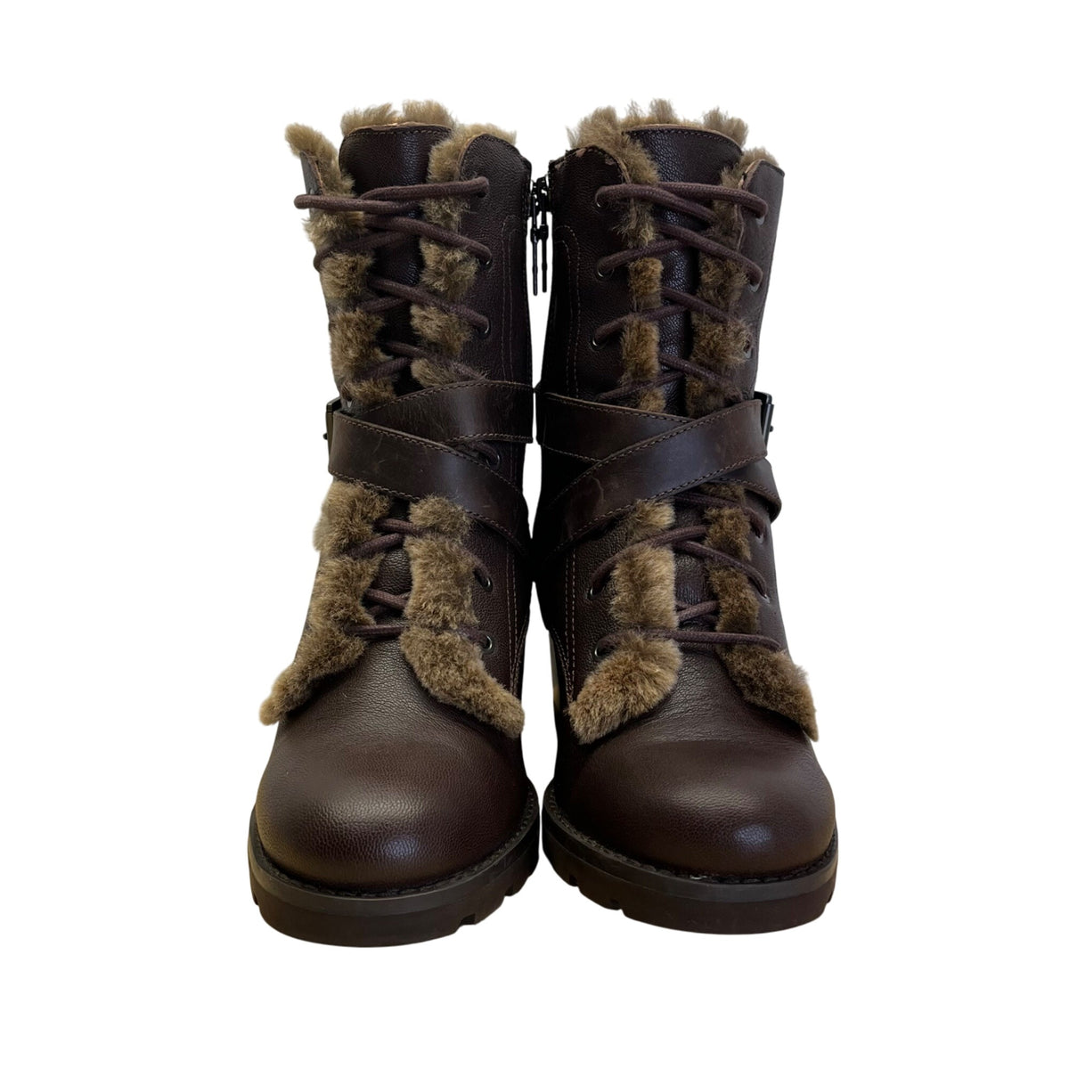 UGG Ingrid Women’s Brown Leather & Real Fur Lining Side Zipper Heeled Boots Sz 7
