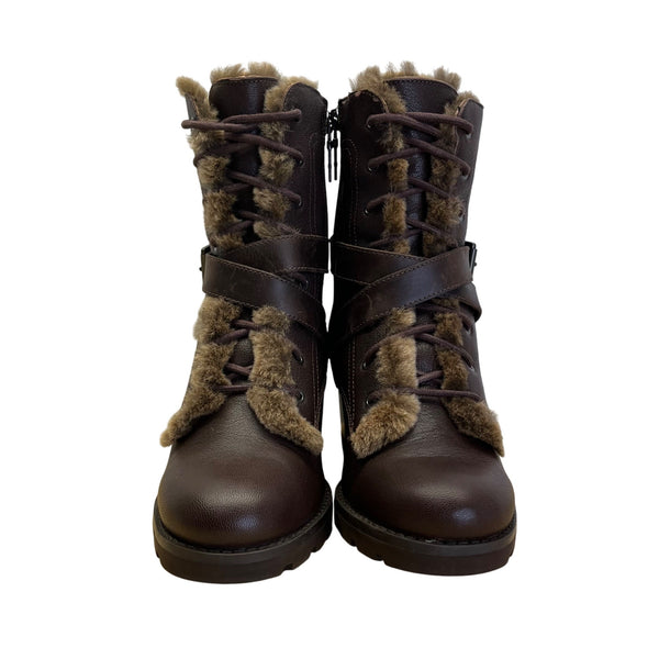 UGG Ingrid Women’s Brown Leather & Real Fur Lining Side Zipper Heeled Boots Sz 7