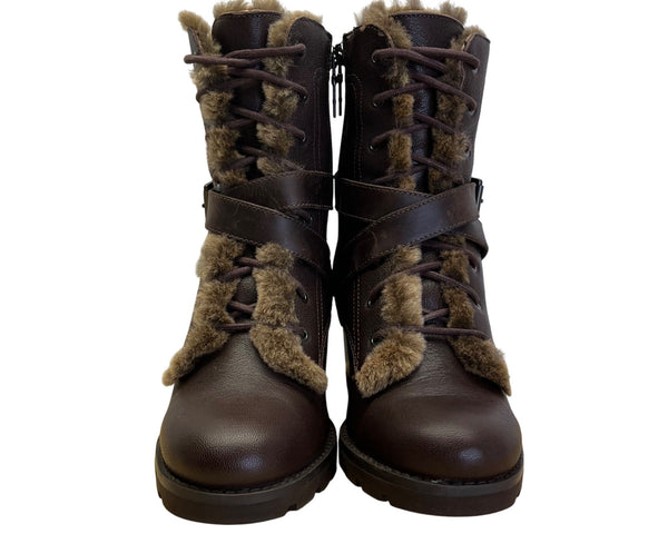 UGG Ingrid Women’s Brown Leather & Real Fur Lining Side Zipper Heeled Boots Sz 7