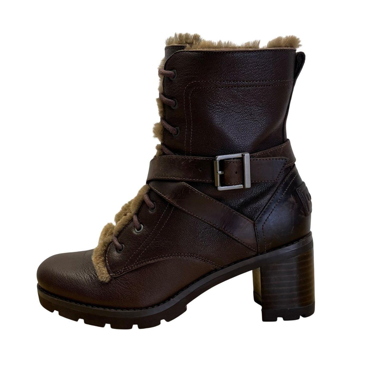 UGG Ingrid Women’s Brown Leather & Real Fur Lining Side Zipper Heeled Boots Sz 7