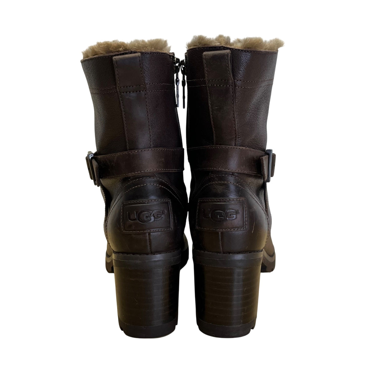 UGG Ingrid Women’s Brown Leather & Real Fur Lining Side Zipper Heeled Boots Sz 7