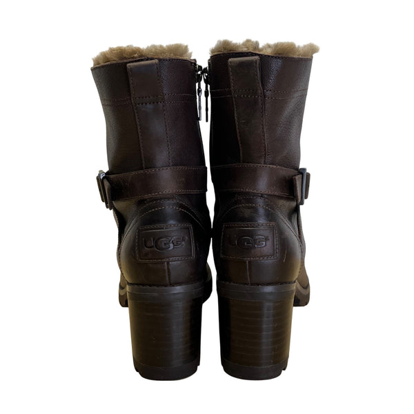 UGG Ingrid Women’s Brown Leather & Real Fur Lining Side Zipper Heeled Boots Sz 7