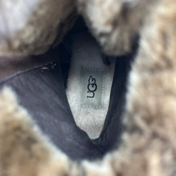 UGG Ingrid Women’s Brown Leather & Real Fur Lining Side Zipper Heeled Boots Sz 7