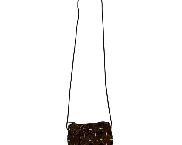 Brown Coconut Shell Crossbody Bag Adjustable Strap Boho Rustic Handmade Small Pouch