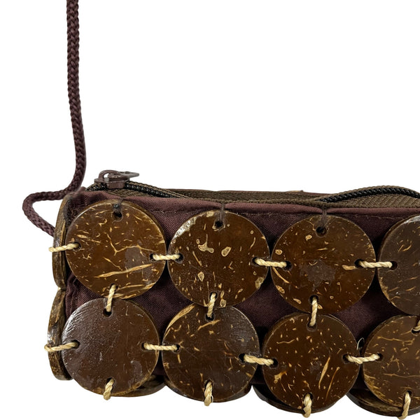 Brown Coconut Shell Crossbody Bag Adjustable Strap Boho Rustic Handmade Small Pouch