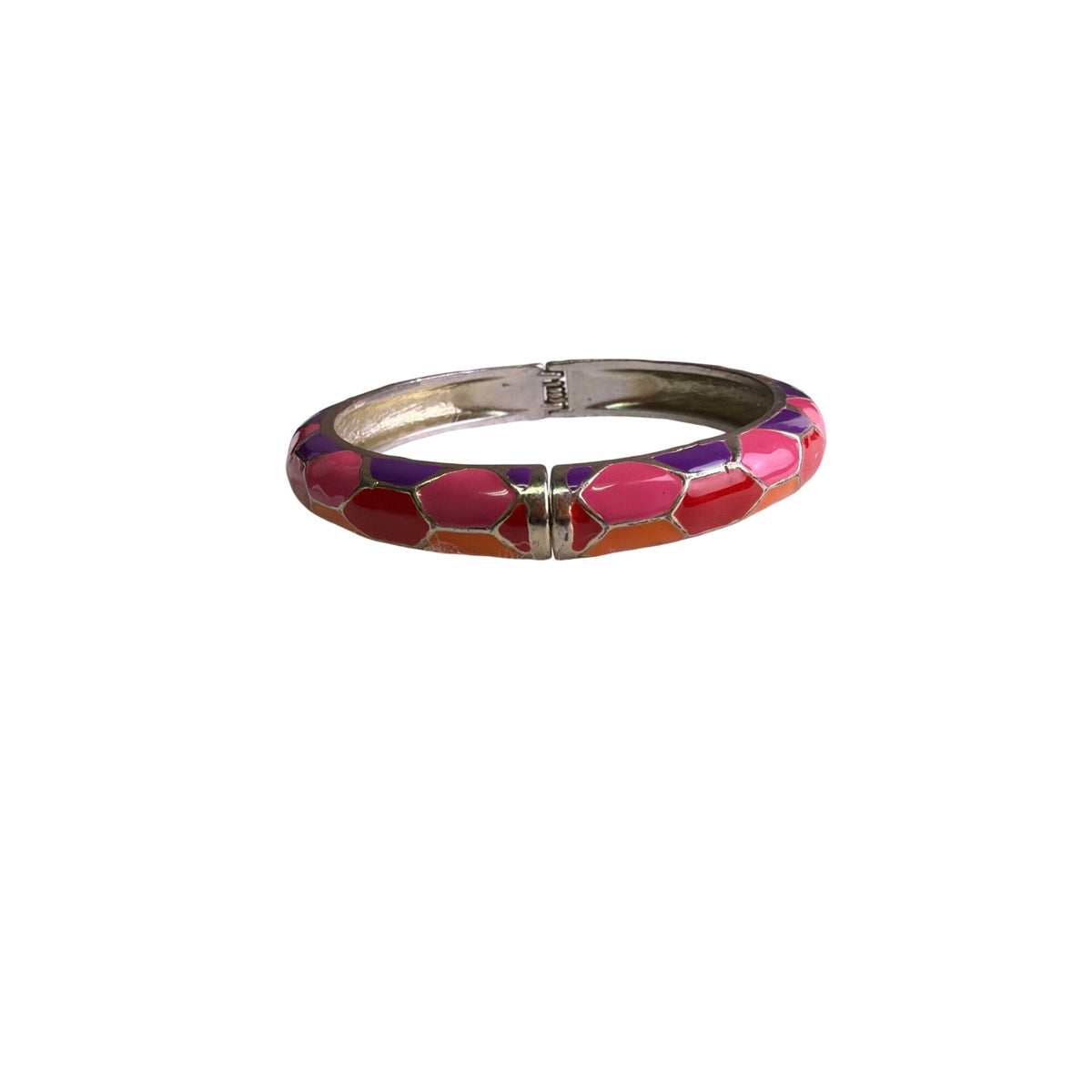 Silver Womens Pink & Purple Enamel Mosaic Bangle Bracelet Spring Hinged Costume
