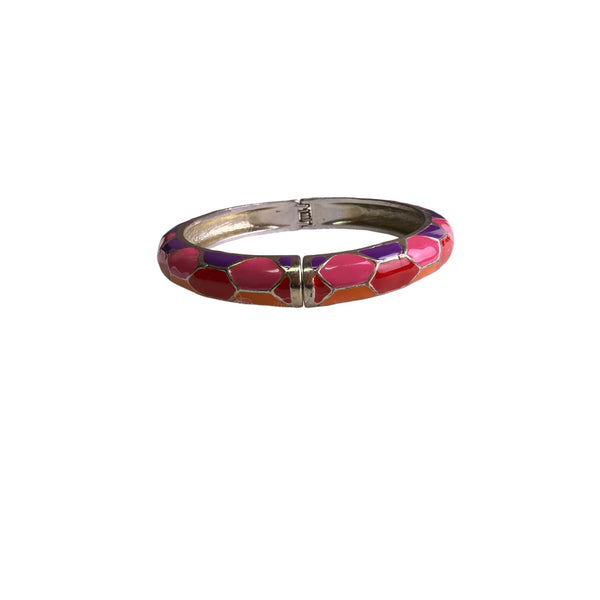 Silver Womens Pink & Purple Enamel Mosaic Bangle Bracelet Spring Hinged Costume