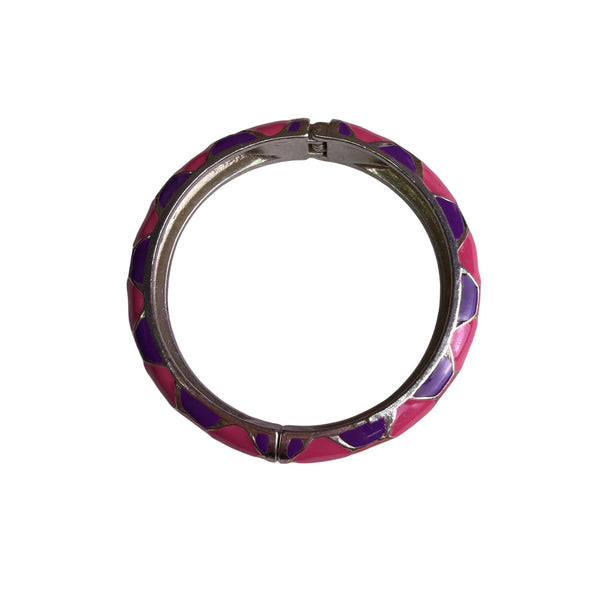 Silver Womens Pink & Purple Enamel Mosaic Bangle Bracelet Spring Hinged Costume