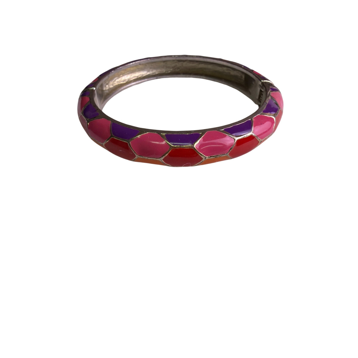 Silver Womens Pink & Purple Enamel Mosaic Bangle Bracelet Spring Hinged Costume