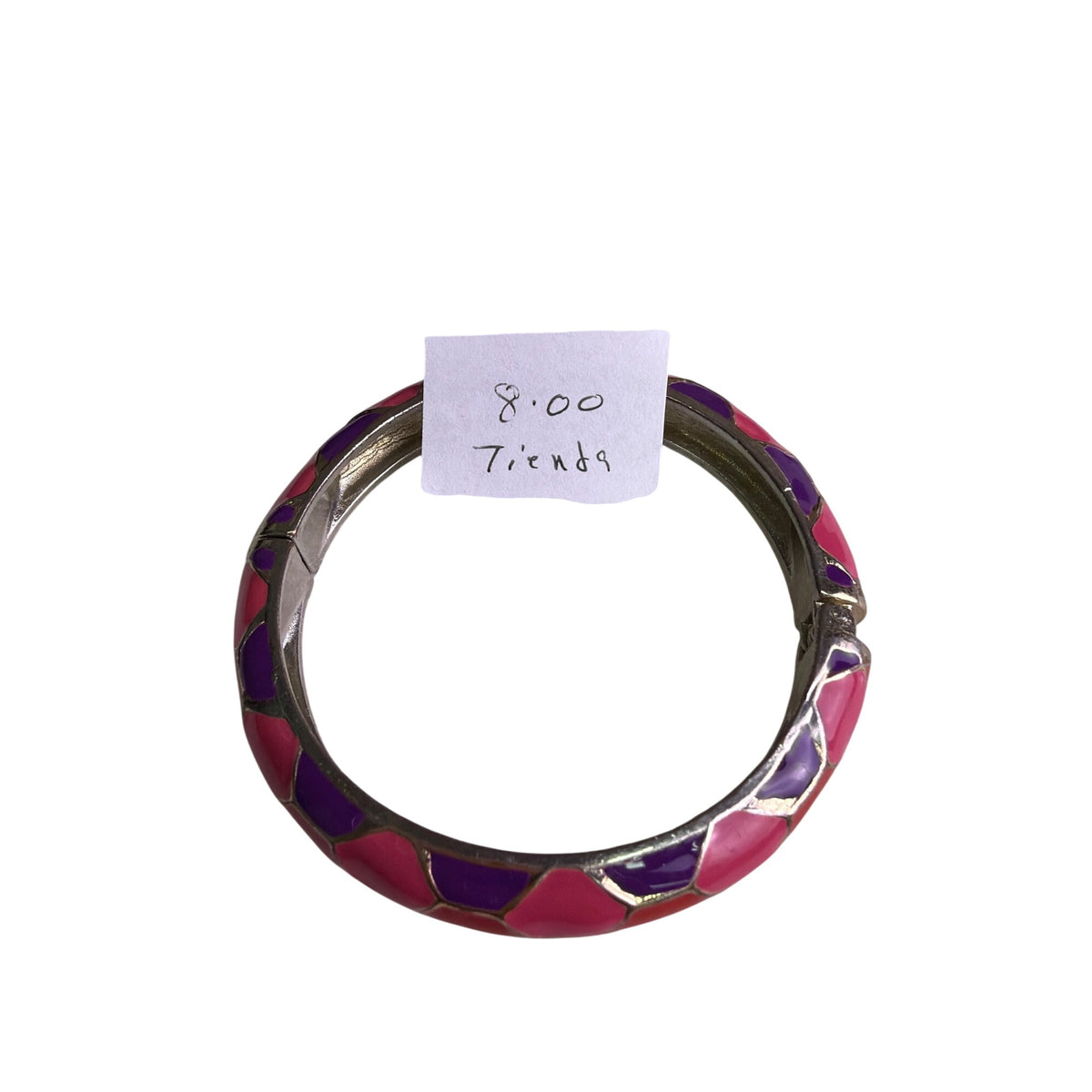 Silver Womens Pink & Purple Enamel Mosaic Bangle Bracelet Spring Hinged Costume