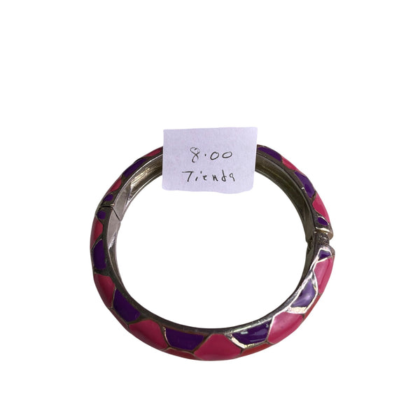 Silver Womens Pink & Purple Enamel Mosaic Bangle Bracelet Spring Hinged Costume