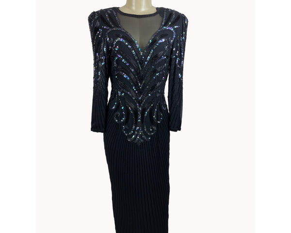 Vintage 80s A. J. Bari Women's Sequin Long Sleeve Black Dress Sz 10